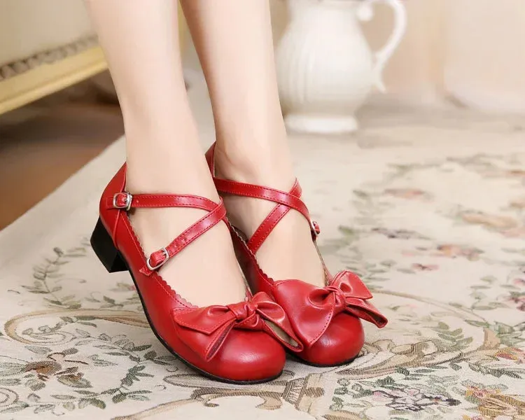 binfenxie  - Lolita Classic Shoes Big Bow Low Heel 2cm Cross Buckle Student Simple Tea Party Goth Female Summer Loli Lady Cosplay Anime Shoe