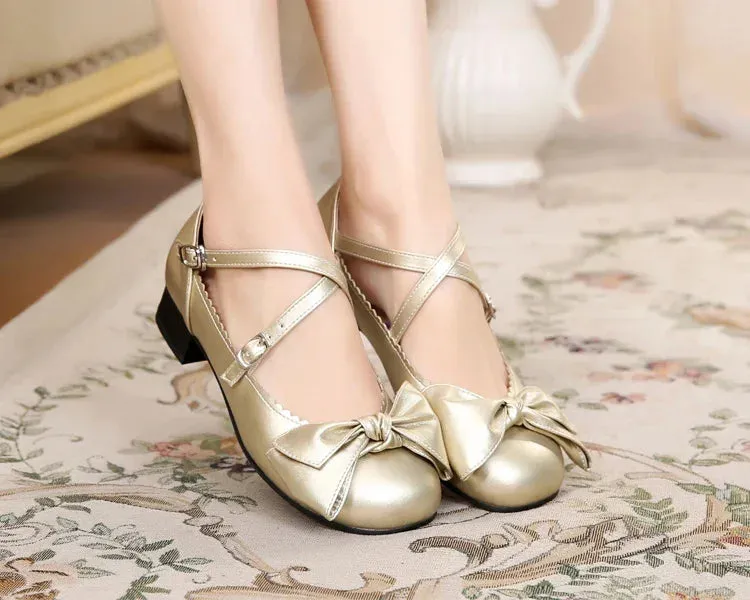 binfenxie  - Lolita Classic Shoes Big Bow Low Heel 2cm Cross Buckle Student Simple Tea Party Goth Female Summer Loli Lady Cosplay Anime Shoe