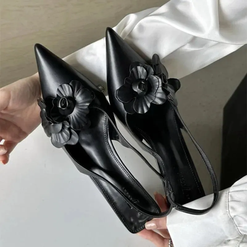 binfenxie  -  Luxury Design Flower Sandals Women Pumps Pointed Thin Low Heels Female Sexy Elegant Slingback Party Shoes Mules Sandalias Mujer