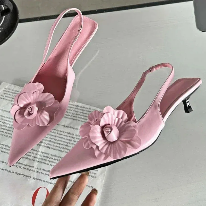 binfenxie  -  Luxury Design Flower Sandals Women Pumps Pointed Thin Low Heels Female Sexy Elegant Slingback Party Shoes Mules Sandalias Mujer