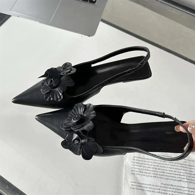 binfenxie  -  Luxury Design Flower Sandals Women Pumps Pointed Thin Low Heels Female Sexy Elegant Slingback Party Shoes Mules Sandalias Mujer