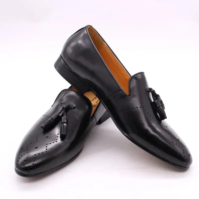 binfenxie  -  Men's Tassel Loafers Calf Genuine Leather Wedding Party Men Casual Dress Shoes Fashion Gentleman Stree Style Men Shoes