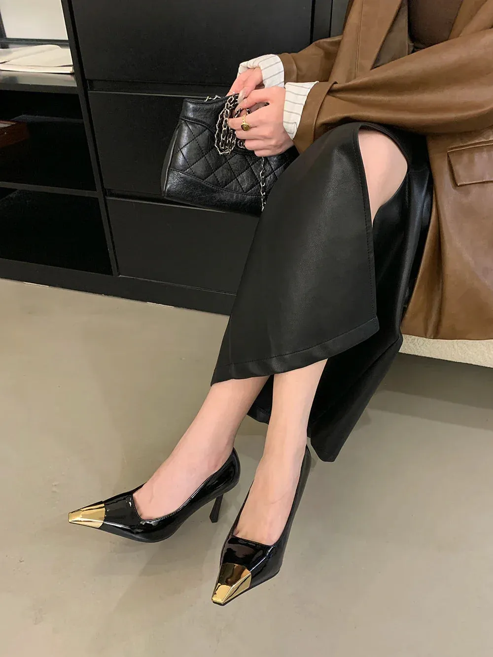 binfenxie  -  Mixed Color Women Pumps Gold/Black Ladies Party Pumps Thin High Heels 9cm Shallow Slip On Office Pumps Shoes Woman Size 35-40
