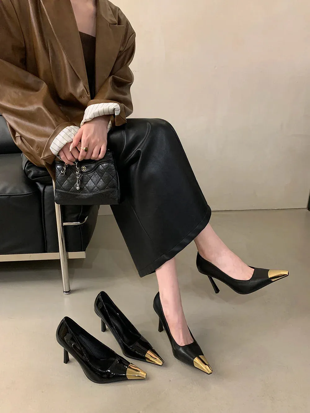 binfenxie  -  Mixed Color Women Pumps Gold/Black Ladies Party Pumps Thin High Heels 9cm Shallow Slip On Office Pumps Shoes Woman Size 35-40