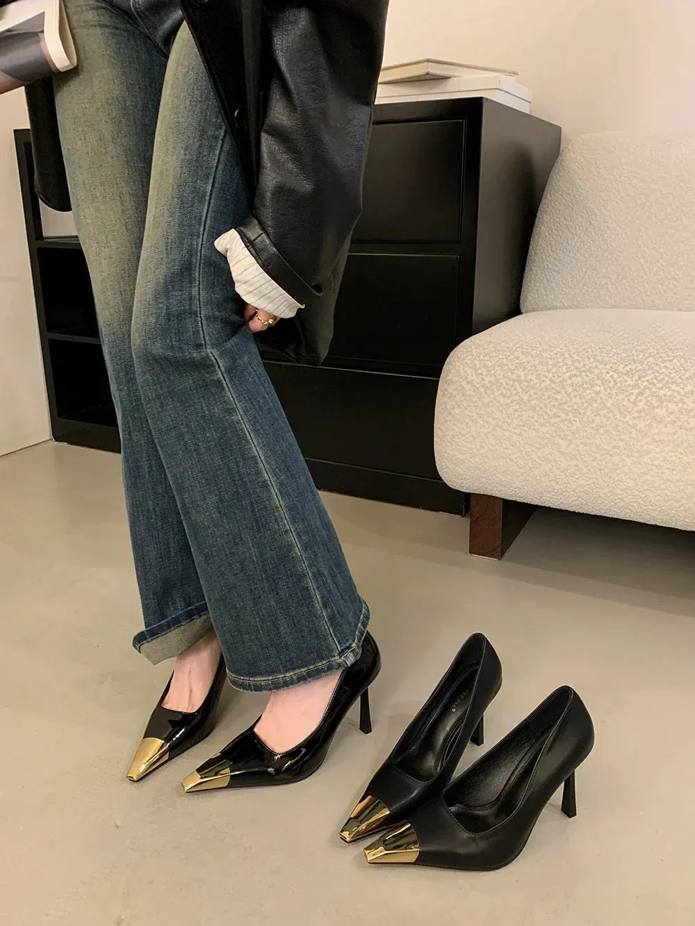 binfenxie  -  Mixed Color Women Pumps Gold/Black Ladies Party Pumps Thin High Heels 9cm Shallow Slip On Office Pumps Shoes Woman Size 35-40