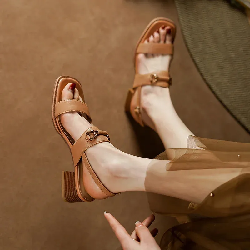 binfenxie  -  New Arrival Women Sandals 2024 Summer Fashion Genuine Leather Thick Heels Shoes Woman Casual Office Ladies Party Luxury Sandals