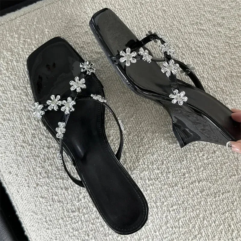 binfenxie  -  New Arrived Summer Crystal Flower Square Toe Women Slippers Designer Wedge High Heels Outdoor Party Ladies Shoes