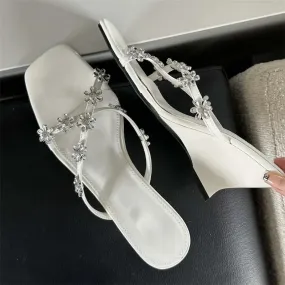 binfenxie  -  New Arrived Summer Crystal Flower Square Toe Women Slippers Designer Wedge High Heels Outdoor Party Ladies Shoes