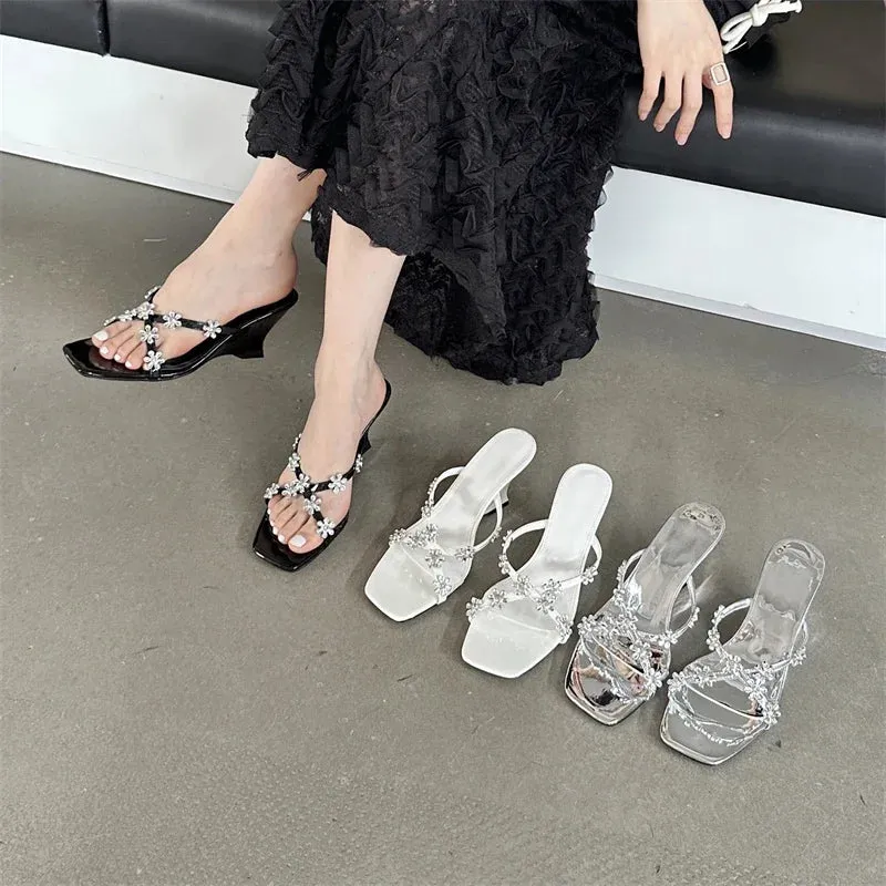 binfenxie  -  New Arrived Summer Crystal Flower Square Toe Women Slippers Designer Wedge High Heels Outdoor Party Ladies Shoes
