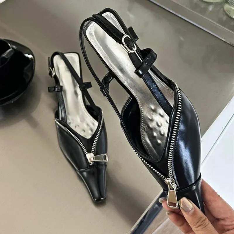 binfenxie  -  New Designer Luxury Zipper Slingback Sandal Female Pointed Toe Low Heels Mule Shoes Party Pumps Elegant Sexy Fashions High Heels