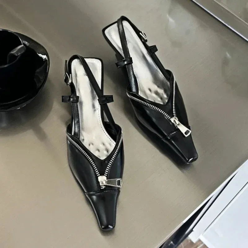 binfenxie  -  New Designer Luxury Zipper Slingback Sandal Female Pointed Toe Low Heels Mule Shoes Party Pumps Elegant Sexy Fashions High Heels