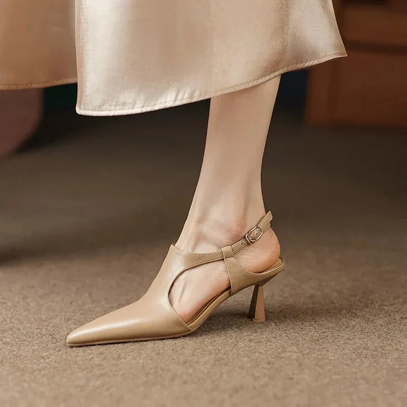 binfenxie  -  NEW Summer/Spring Women Shoes Pointed Toe Thin Heel Sandals Solid High Heels Elegant Genuine Leather Shoes for Women Party Shoes