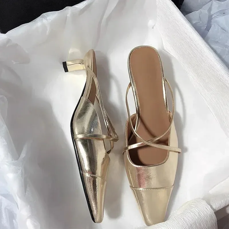 binfenxie  -  New Women Slippers Fashion Silver Mules Shoes Summer 2024 Sandals Pumps Mid Heels Slides Stilettos Mujer Party Zapatos Slingback