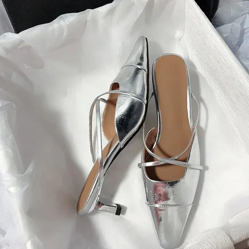 binfenxie  -  New Women Slippers Fashion Silver Mules Shoes Summer 2024 Sandals Pumps Mid Heels Slides Stilettos Mujer Party Zapatos Slingback