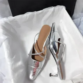 binfenxie  -  New Women Slippers Fashion Silver Mules Shoes Summer 2024 Sandals Pumps Mid Heels Slides Stilettos Mujer Party Zapatos Slingback