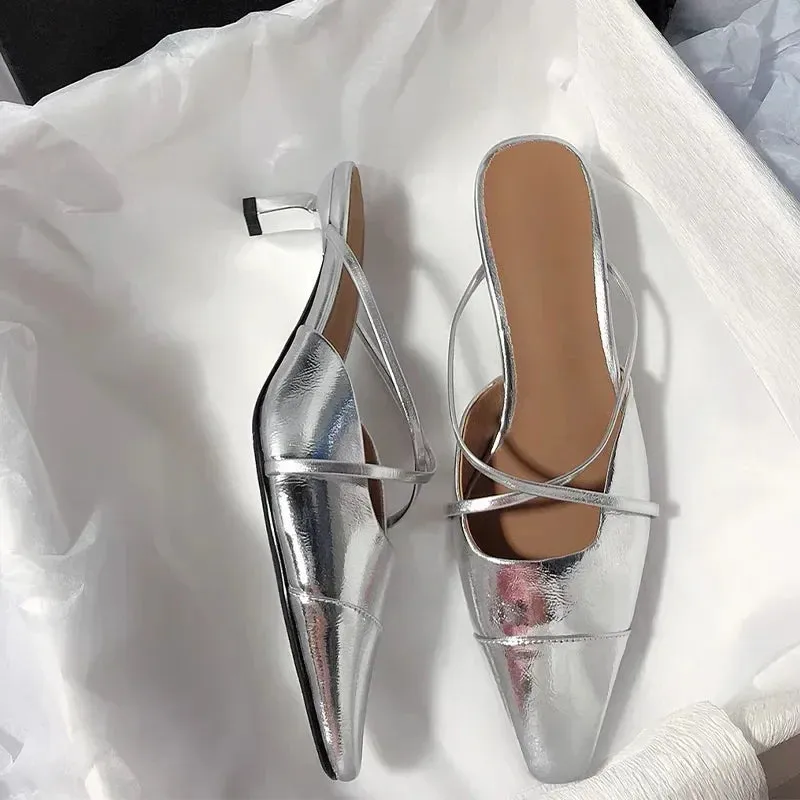 binfenxie  -  New Women Slippers Fashion Silver Mules Shoes Summer 2024 Sandals Pumps Mid Heels Slides Stilettos Mujer Party Zapatos Slingback