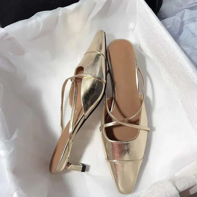binfenxie  -  New Women Slippers Fashion Silver Mules Shoes Summer 2024 Sandals Pumps Mid Heels Slides Stilettos Mujer Party Zapatos Slingback