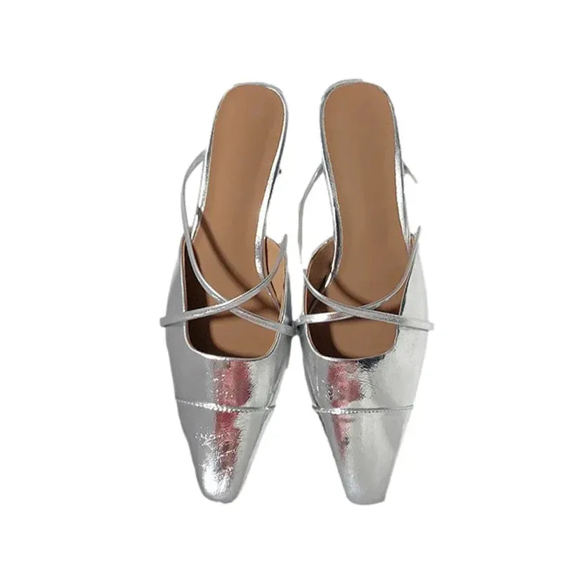 binfenxie  -  New Women Slippers Fashion Silver Mules Shoes Summer 2024 Sandals Pumps Mid Heels Slides Stilettos Mujer Party Zapatos Slingback