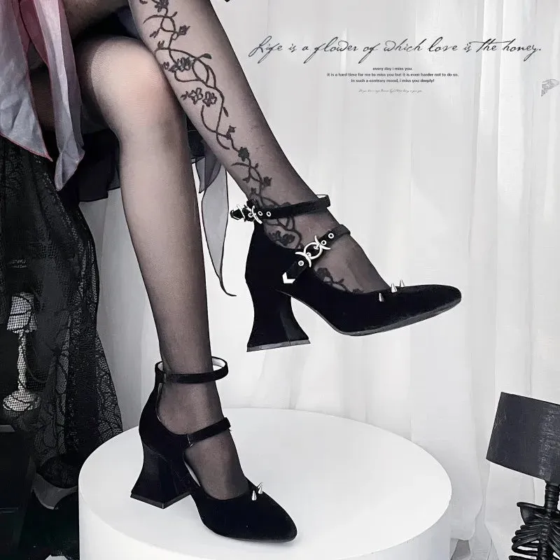 binfenxie  -  Pointed High Heel Shoes Lolita Woman Spring and Autumn Y2k Asian Culture Hot Girl Shallow Mouth Pumps Rivet Suede Party Shoes