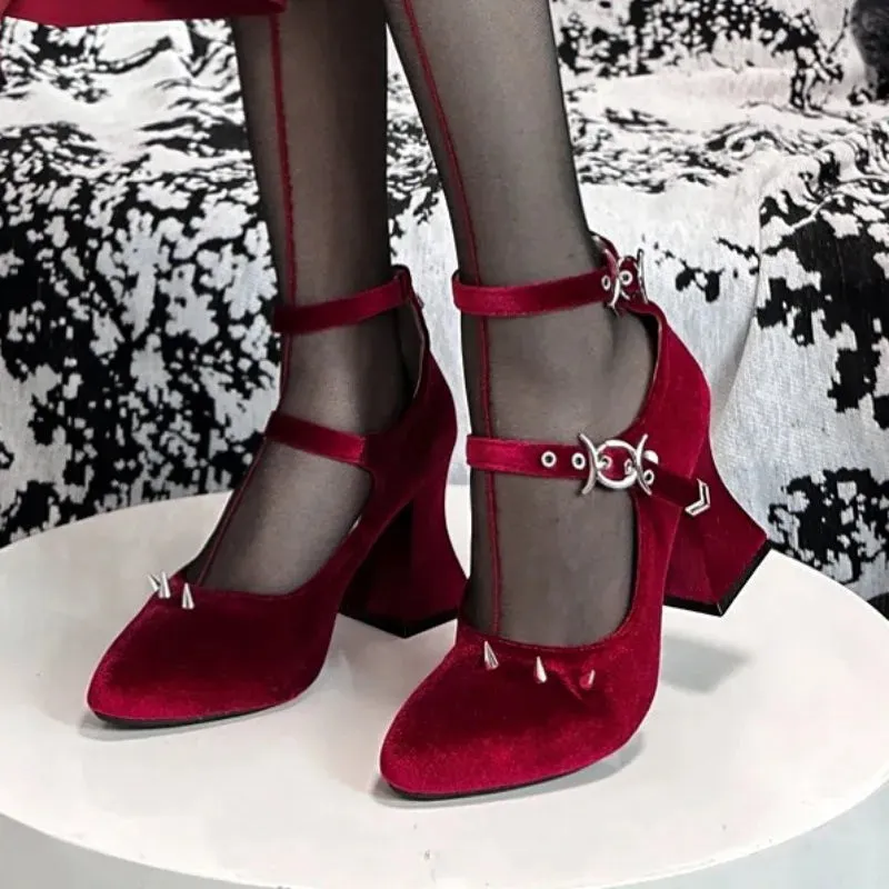 binfenxie  -  Pointed High Heel Shoes Lolita Woman Spring and Autumn Y2k Asian Culture Hot Girl Shallow Mouth Pumps Rivet Suede Party Shoes