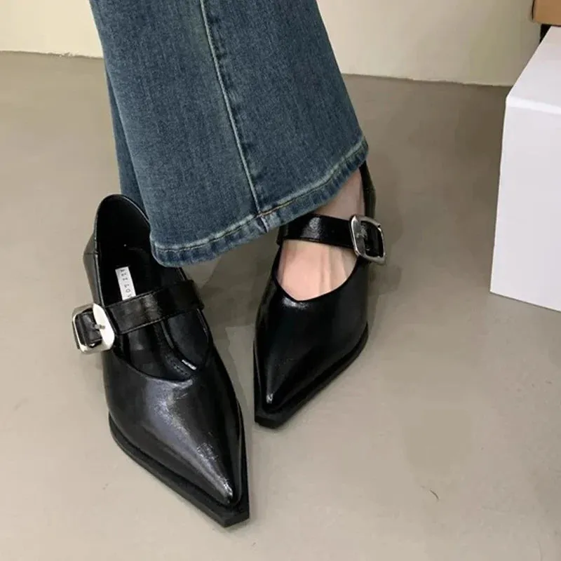 binfenxie  -  Pointed Toe Shallow Women Shoes Sexy Party Buckle Pumps 2024 Chunky Mid Heels Autumn Shoes Designer New Fashion Chaussures Femme