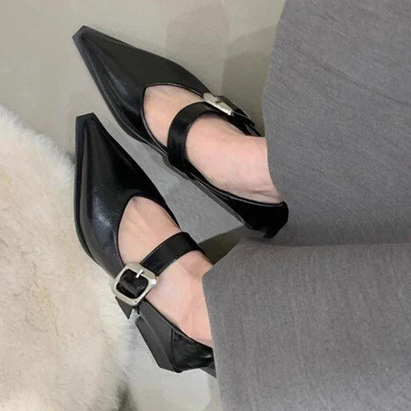 binfenxie  -  Pointed Toe Shallow Women Shoes Sexy Party Buckle Pumps 2024 Chunky Mid Heels Autumn Shoes Designer New Fashion Chaussures Femme