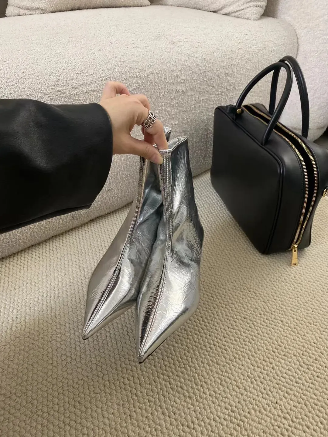 binfenxie  -  Pointed Toe Women Ankle Boots 2024 New Arrivals Shallow Slip On Black Silver Winter Autumn Party Pumps Shoes Woman Size 35-39