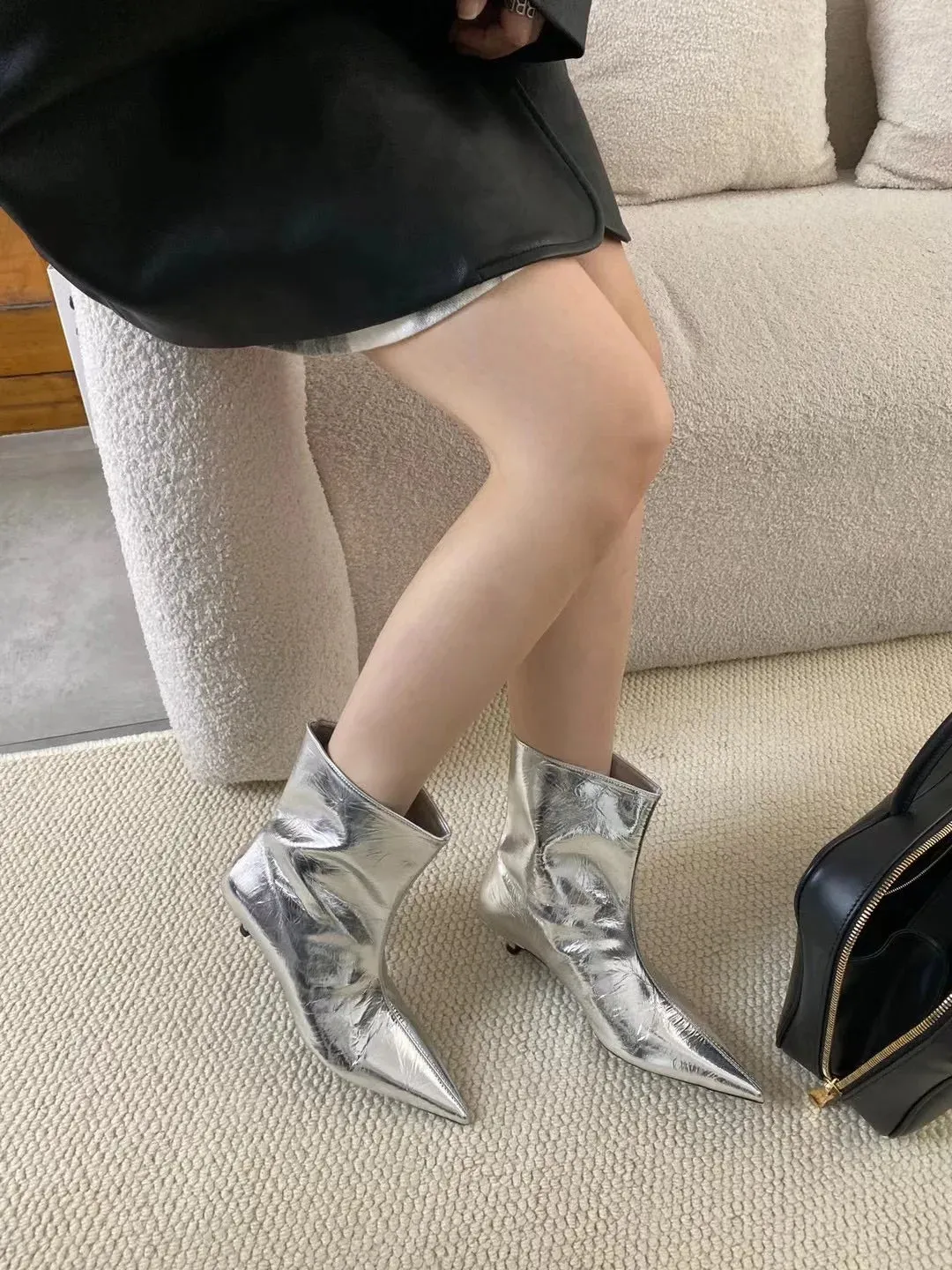 binfenxie  -  Pointed Toe Women Ankle Boots 2024 New Arrivals Shallow Slip On Black Silver Winter Autumn Party Pumps Shoes Woman Size 35-39