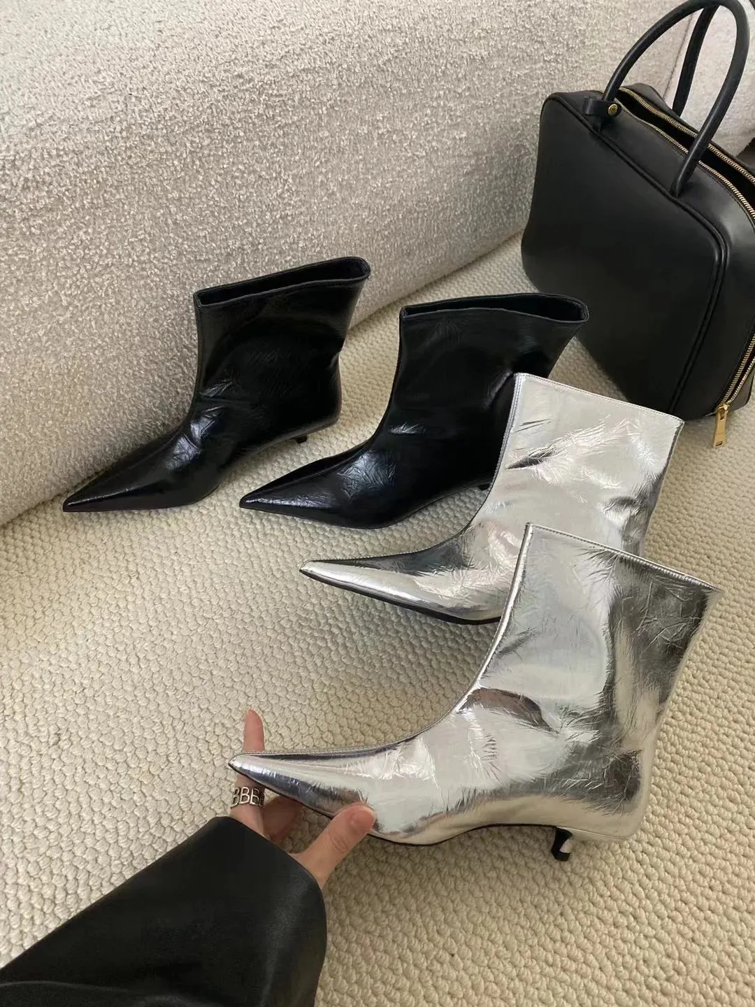 binfenxie  -  Pointed Toe Women Ankle Boots 2024 New Arrivals Shallow Slip On Black Silver Winter Autumn Party Pumps Shoes Woman Size 35-39
