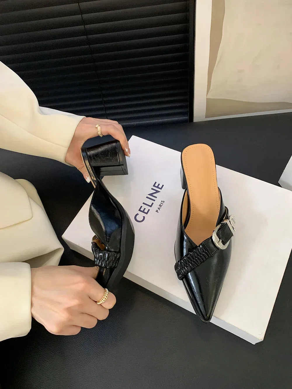 binfenxie  - Pointed Toe Women Slides Mules Shoes Thick High Heels Summer Outside Party Pumps Belt Buckle Shallow Slip On Party Pumps 35-39