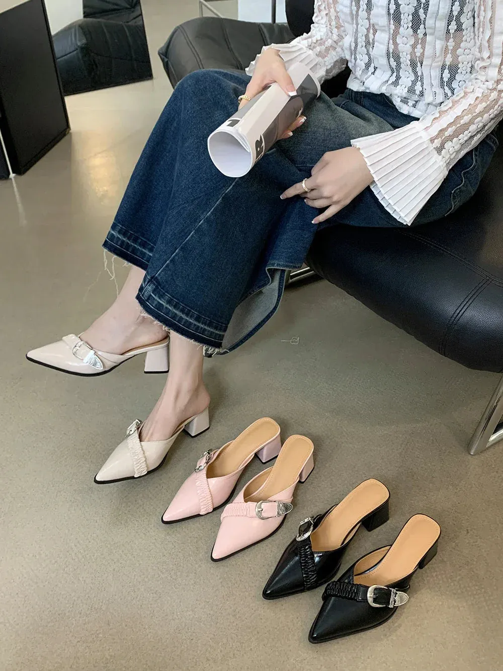 binfenxie  - Pointed Toe Women Slides Mules Shoes Thick High Heels Summer Outside Party Pumps Belt Buckle Shallow Slip On Party Pumps 35-39