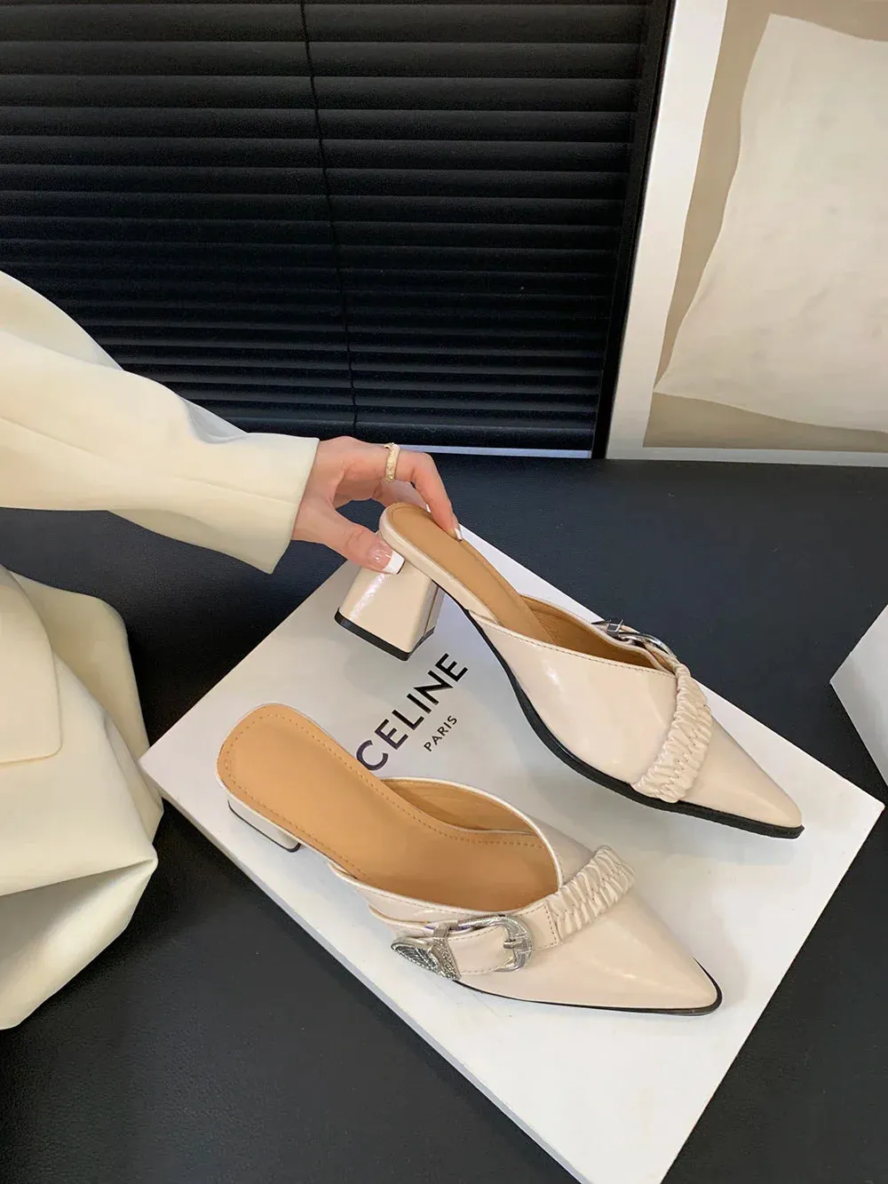 binfenxie  - Pointed Toe Women Slides Mules Shoes Thick High Heels Summer Outside Party Pumps Belt Buckle Shallow Slip On Party Pumps 35-39