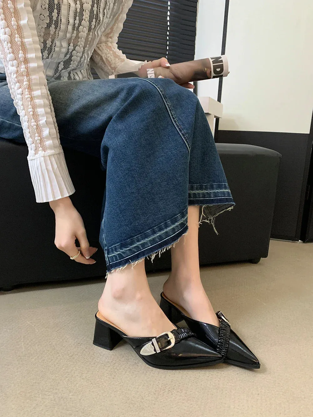 binfenxie  - Pointed Toe Women Slides Mules Shoes Thick High Heels Summer Outside Party Pumps Belt Buckle Shallow Slip On Party Pumps 35-39