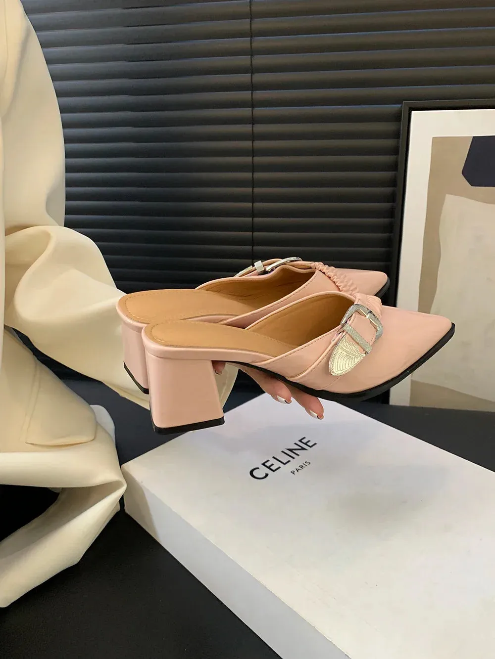 binfenxie  - Pointed Toe Women Slides Mules Shoes Thick High Heels Summer Outside Party Pumps Belt Buckle Shallow Slip On Party Pumps 35-39