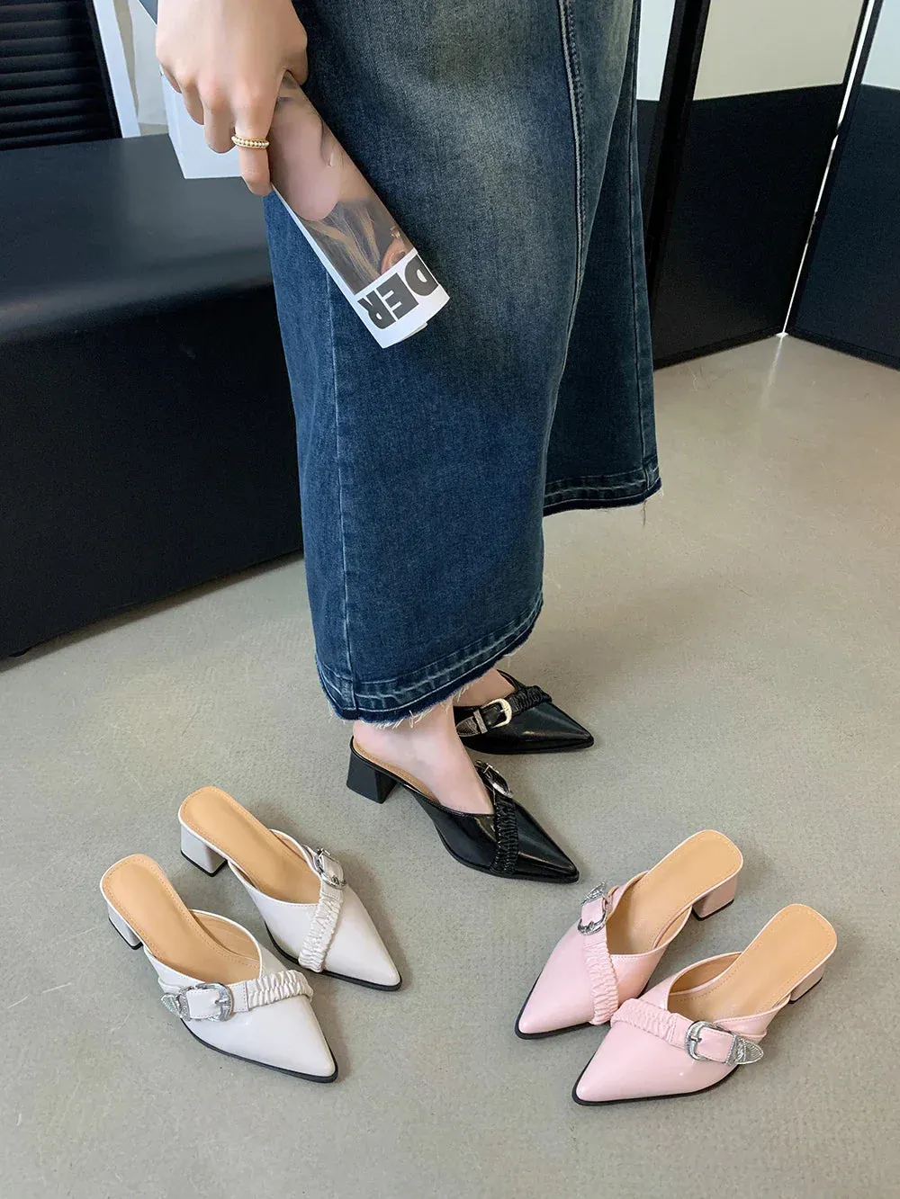 binfenxie  - Pointed Toe Women Slides Mules Shoes Thick High Heels Summer Outside Party Pumps Belt Buckle Shallow Slip On Party Pumps 35-39