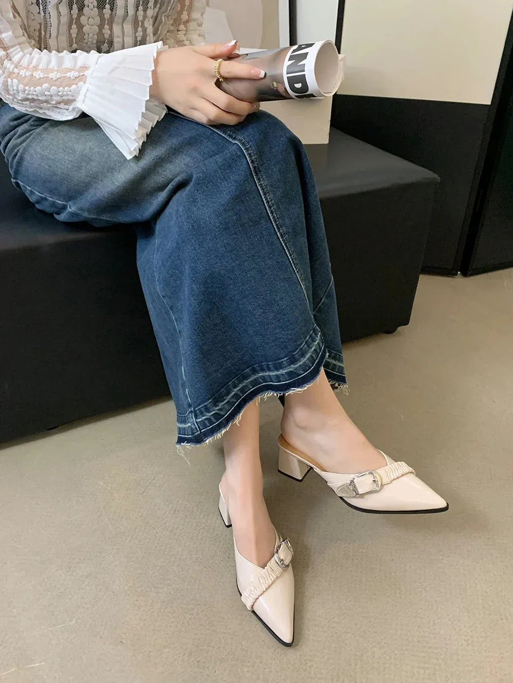 binfenxie  - Pointed Toe Women Slides Mules Shoes Thick High Heels Summer Outside Party Pumps Belt Buckle Shallow Slip On Party Pumps 35-39