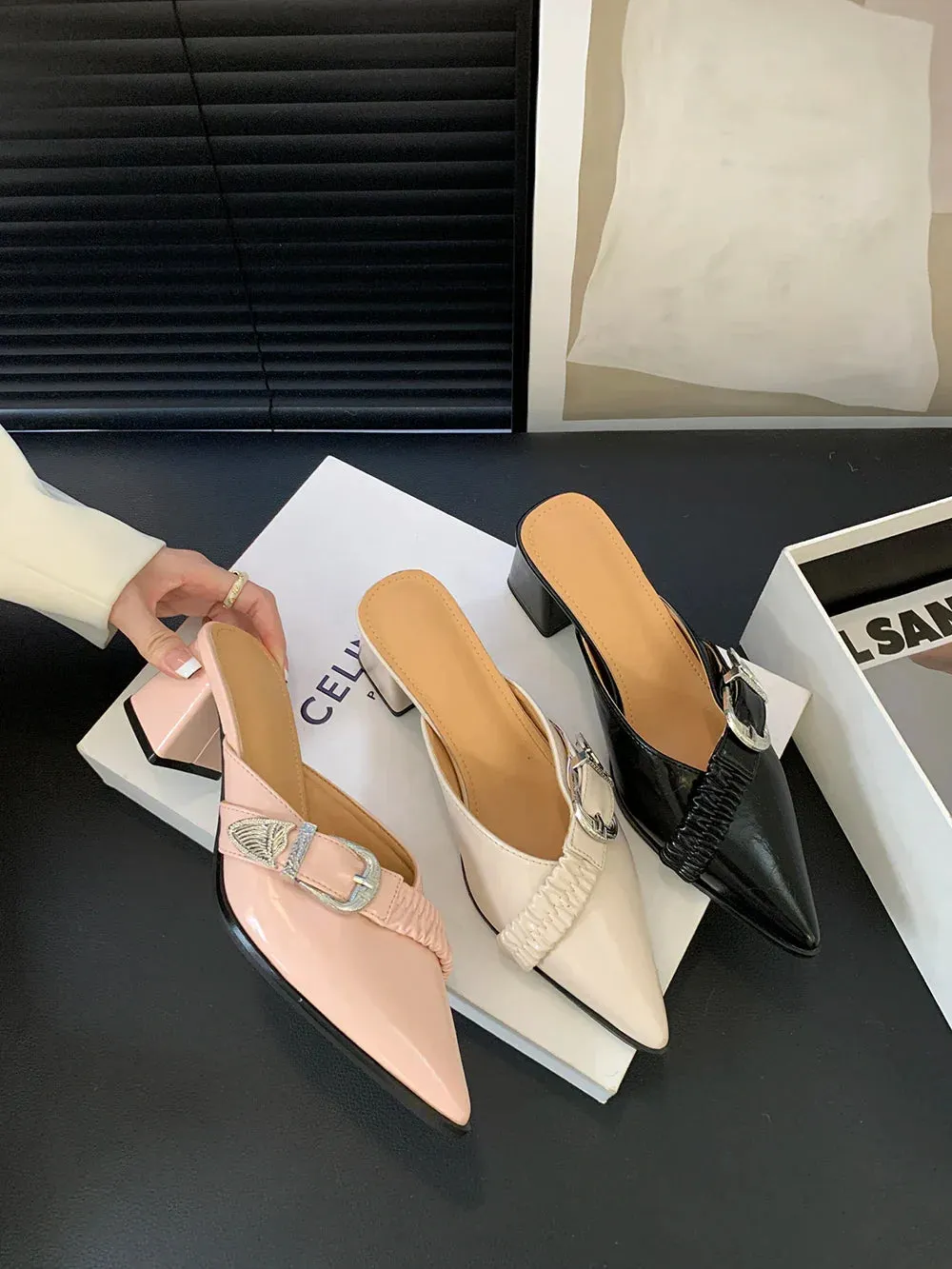 binfenxie  - Pointed Toe Women Slides Mules Shoes Thick High Heels Summer Outside Party Pumps Belt Buckle Shallow Slip On Party Pumps 35-39