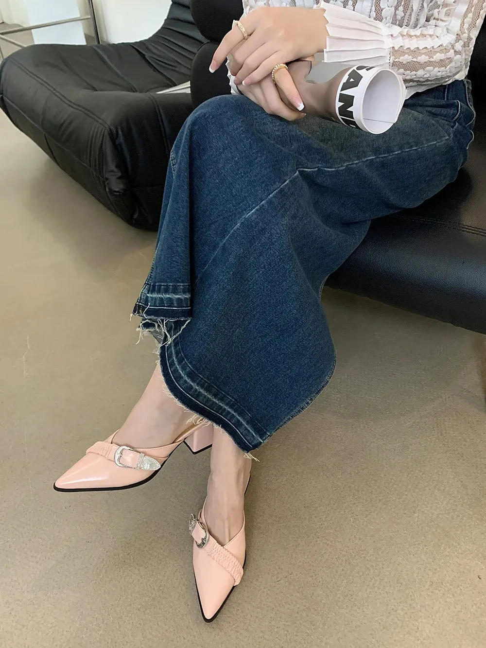 binfenxie  - Pointed Toe Women Slides Mules Shoes Thick High Heels Summer Outside Party Pumps Belt Buckle Shallow Slip On Party Pumps 35-39