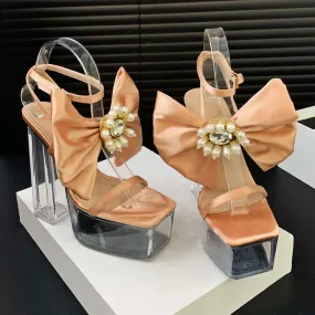 binfenxie  -  Satin Bows Transparent Sandals Women Pumps Square Head Party Dress Bridal Shoes Summer Sexy Crystal Platform High Heels Ladies