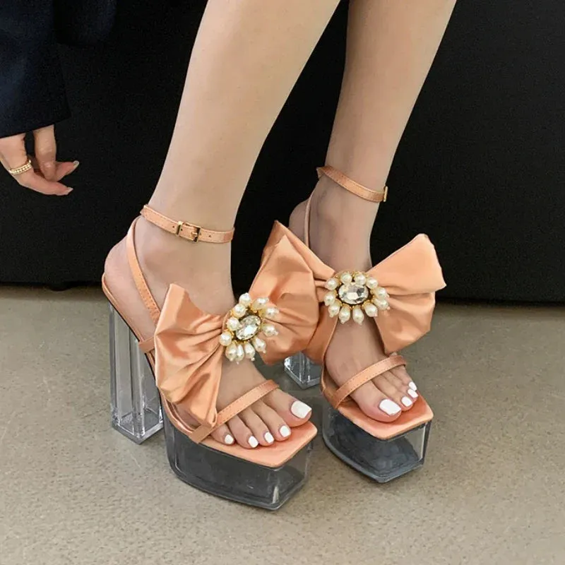 binfenxie  -  Satin Bows Transparent Sandals Women Pumps Square Head Party Dress Bridal Shoes Summer Sexy Crystal Platform High Heels Ladies