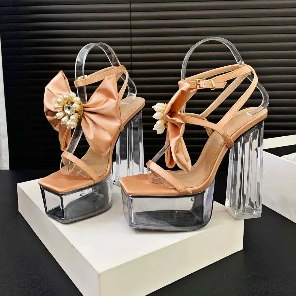 binfenxie  -  Satin Bows Transparent Sandals Women Pumps Square Head Party Dress Bridal Shoes Summer Sexy Crystal Platform High Heels Ladies
