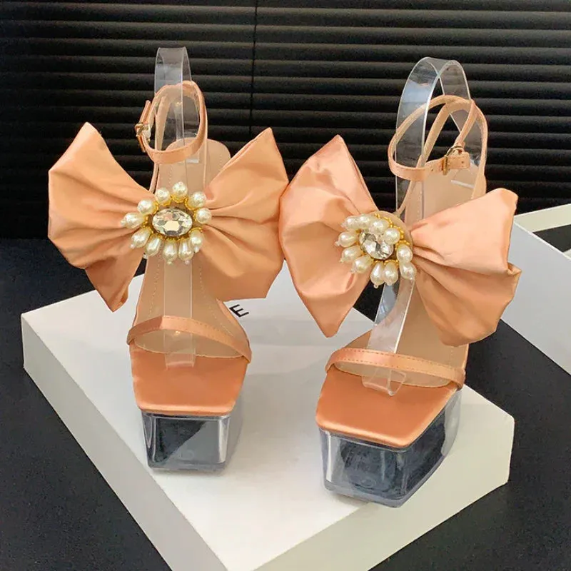 binfenxie  -  Satin Bows Transparent Sandals Women Pumps Square Head Party Dress Bridal Shoes Summer Sexy Crystal Platform High Heels Ladies