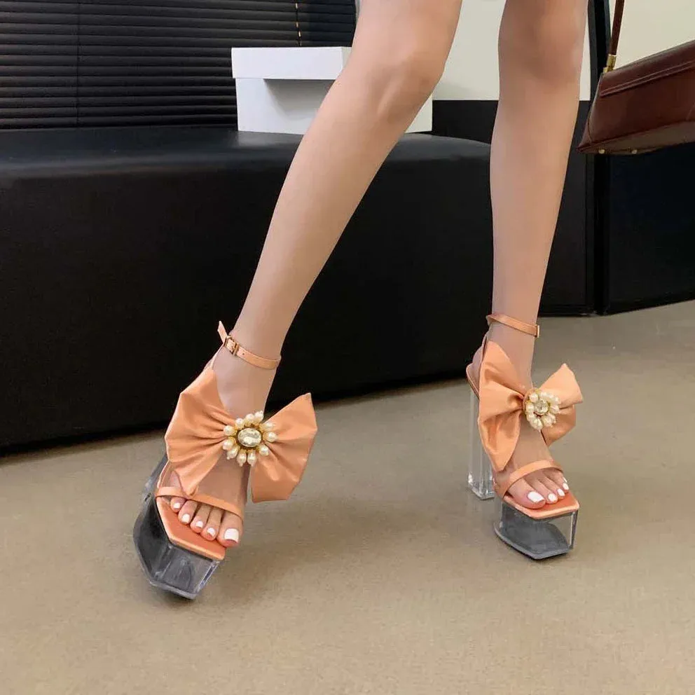 binfenxie  -  Satin Bows Transparent Sandals Women Pumps Square Head Party Dress Bridal Shoes Summer Sexy Crystal Platform High Heels Ladies