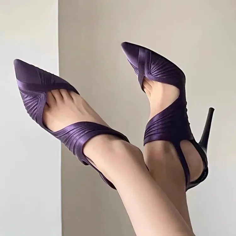 binfenxie  -  Sexy Purple Pointed Toe Sandals Back Zip Stiletto Heels Satin Cutouts Wrinkles Pumps Vintage Elegant Ladies Dress Party Shoes