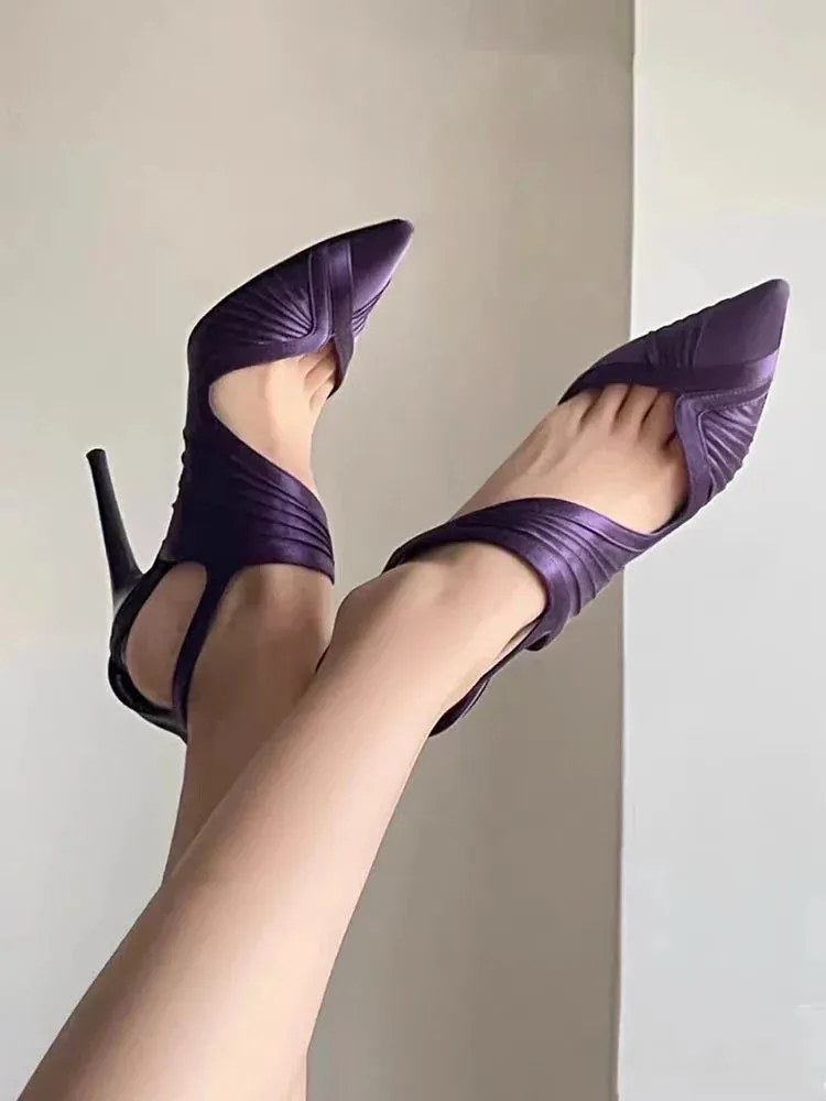 binfenxie  -  Sexy Purple Pointed Toe Sandals Back Zip Stiletto Heels Satin Cutouts Wrinkles Pumps Vintage Elegant Ladies Dress Party Shoes