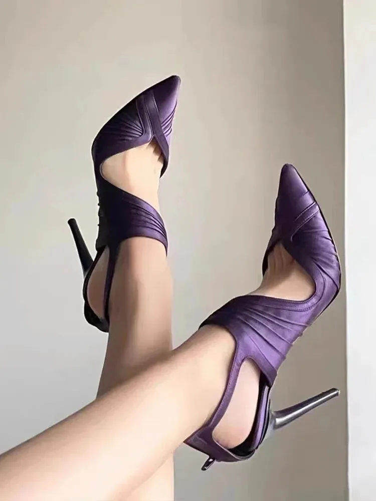 binfenxie  -  Sexy Purple Pointed Toe Sandals Back Zip Stiletto Heels Satin Cutouts Wrinkles Pumps Vintage Elegant Ladies Dress Party Shoes