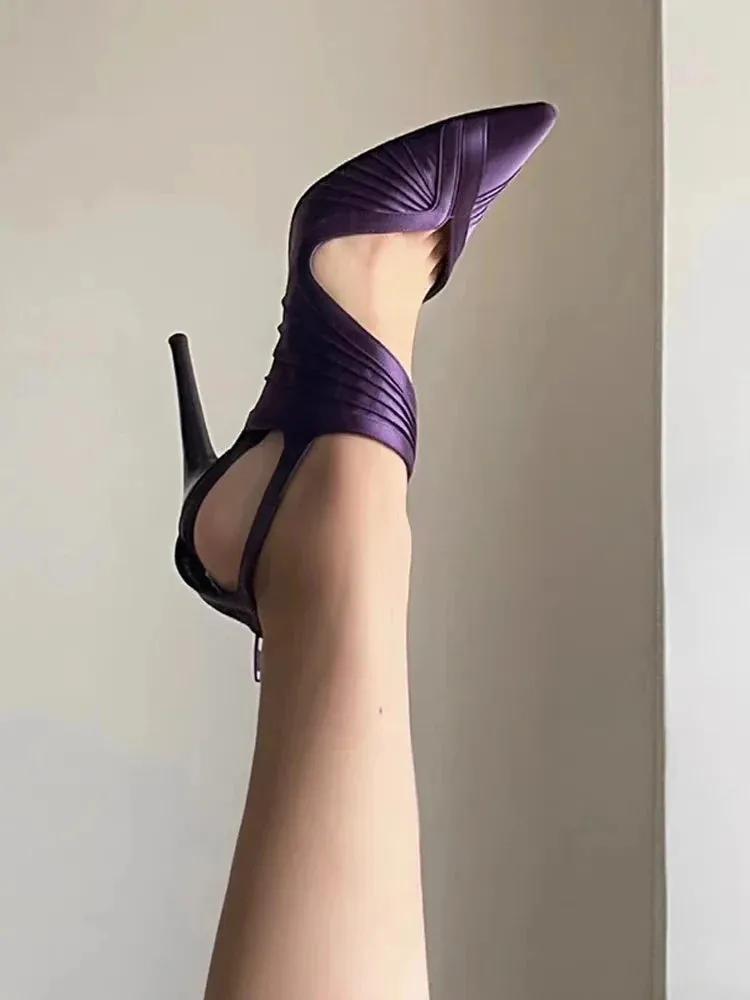 binfenxie  -  Sexy Purple Pointed Toe Sandals Back Zip Stiletto Heels Satin Cutouts Wrinkles Pumps Vintage Elegant Ladies Dress Party Shoes