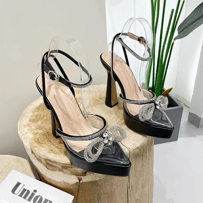 binfenxie  - Sexy Women Sandals Pointed Toe Transparent Jelly Shoes Ladies Wedding Party Pumps Ankle Strap Spikr High Heels Pumps Bow Design