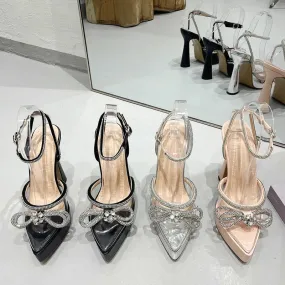 binfenxie  - Sexy Women Sandals Pointed Toe Transparent Jelly Shoes Ladies Wedding Party Pumps Ankle Strap Spikr High Heels Pumps Bow Design