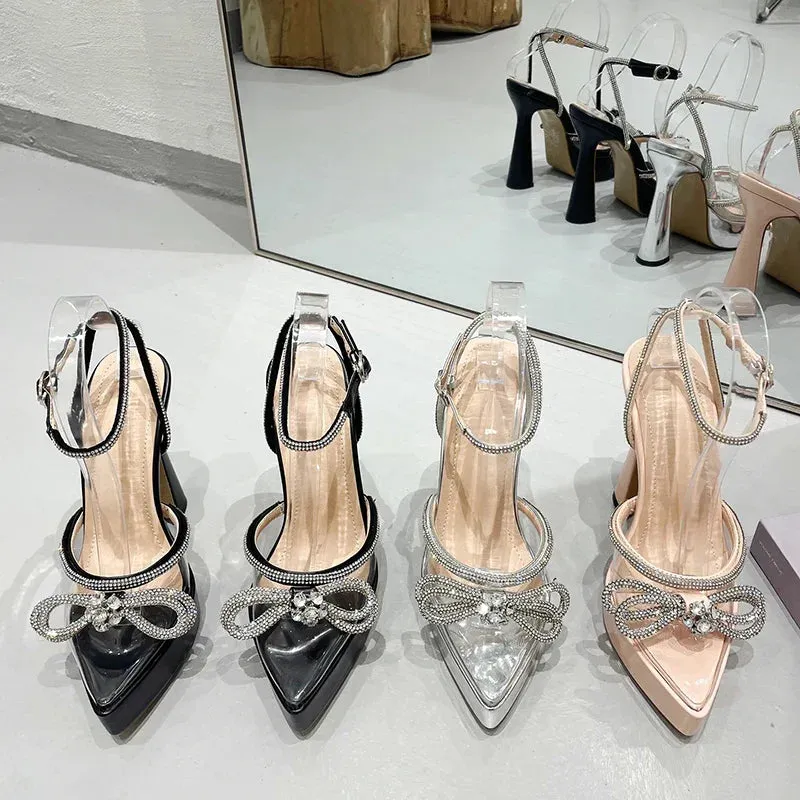 binfenxie  - Sexy Women Sandals Pointed Toe Transparent Jelly Shoes Ladies Wedding Party Pumps Ankle Strap Spikr High Heels Pumps Bow Design